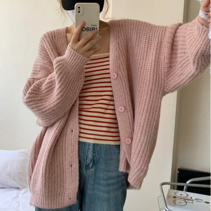 ピンク | ざっくり編みルーズニットカーディガン 秋 冬 | Alvia