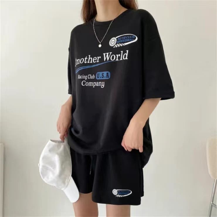 ブラック | RacingプリントTシャツ×ショートパンツSET 春 夏 | Alvia