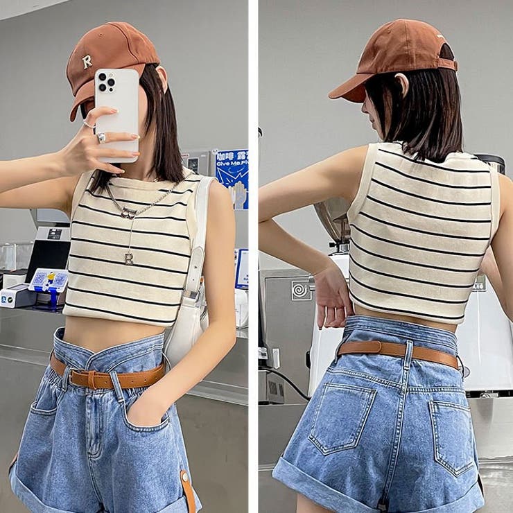 ベルト付きハイウエストデニムショートパンツ 韓国 パンツ[品番