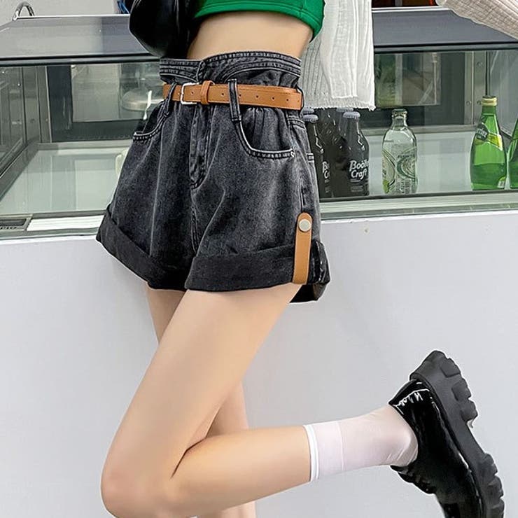 ベルト付きハイウエストデニムショートパンツ 韓国 パンツ[品番