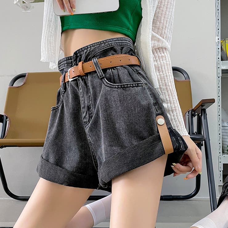 ベルト付きハイウエストデニムショートパンツ 韓国 パンツ[品番
