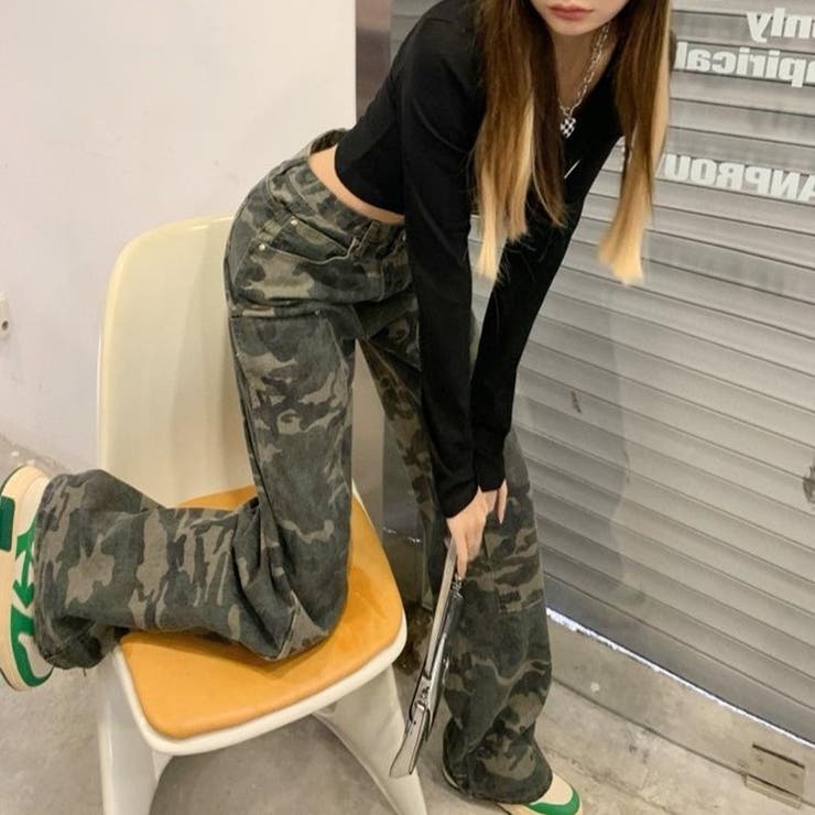 迷彩柄ワイドストレートワークパンツ 韓国 パンツ[品番