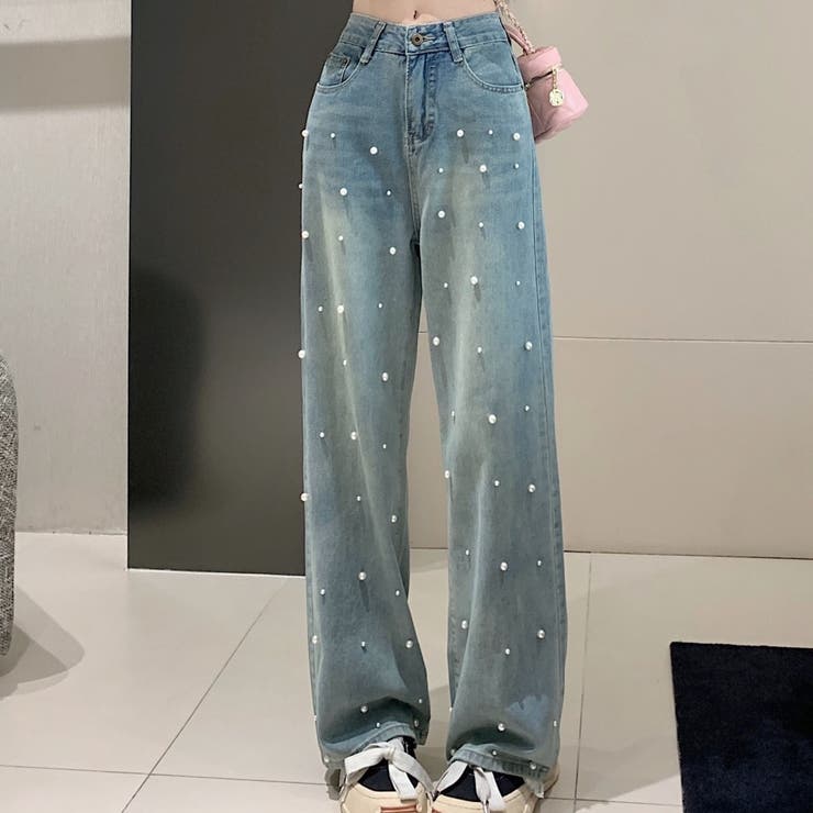 サックスブルー | パール付デニムパンツ 秋 冬 | Alvia