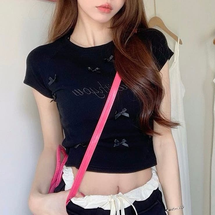 ブラック | リボンショートTシャッ | Alvia