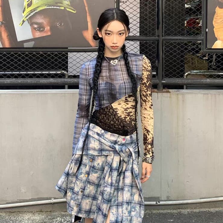 異素材ミックスシアートップス レイヤード風Y2Kスタイル 切り替えチュールトップス | Alvia | 詳細画像13 