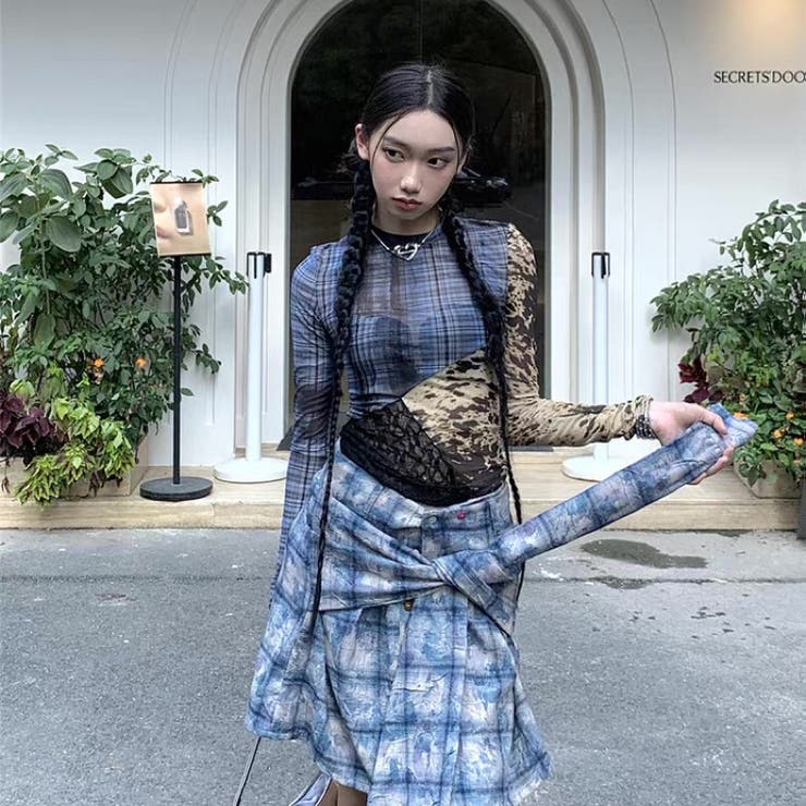 異素材ミックスシアートップス レイヤード風Y2Kスタイル 切り替えチュールトップス | Alvia | 詳細画像15 