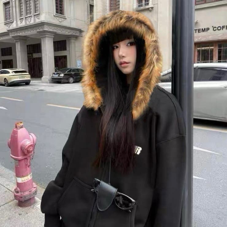 選べる素材(裏起毛 通常)ファーフードジップアップパーカー ロングシーズン | Alvia | 詳細画像1 