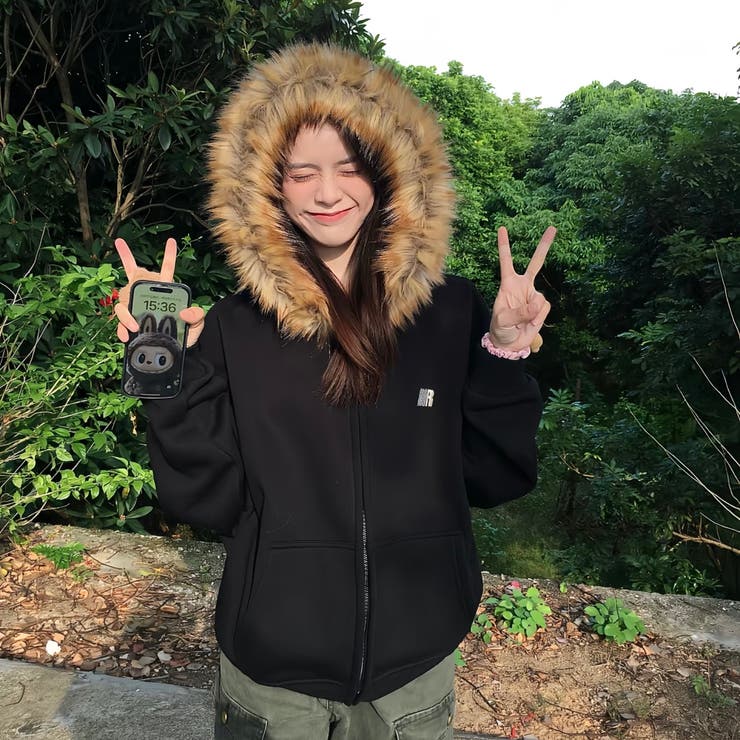 選べる素材(裏起毛 通常)ファーフードジップアップパーカー ロングシーズン | Alvia | 詳細画像15 