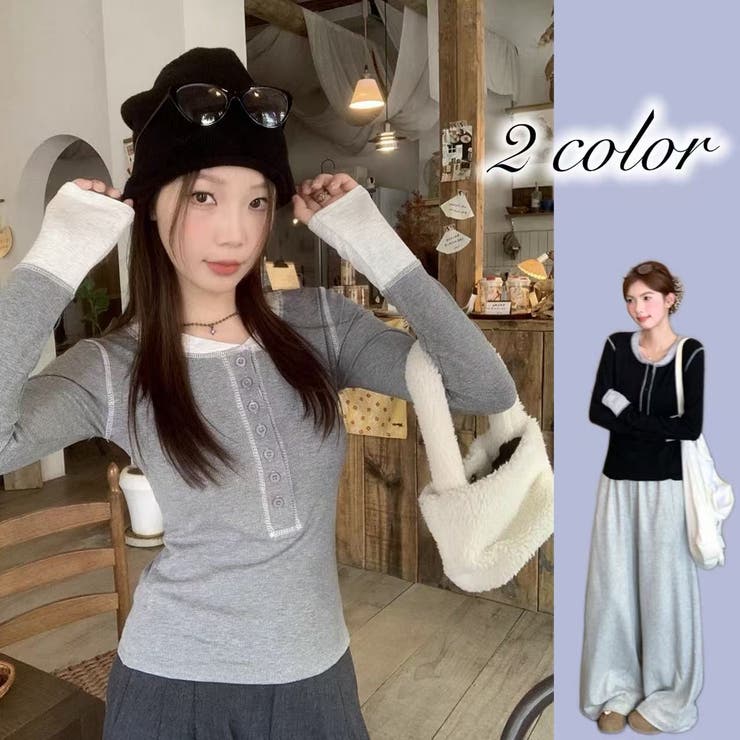 韓国風カジュアル配色ヘンリーネックTシャツトップス | Alvia | 詳細画像1 