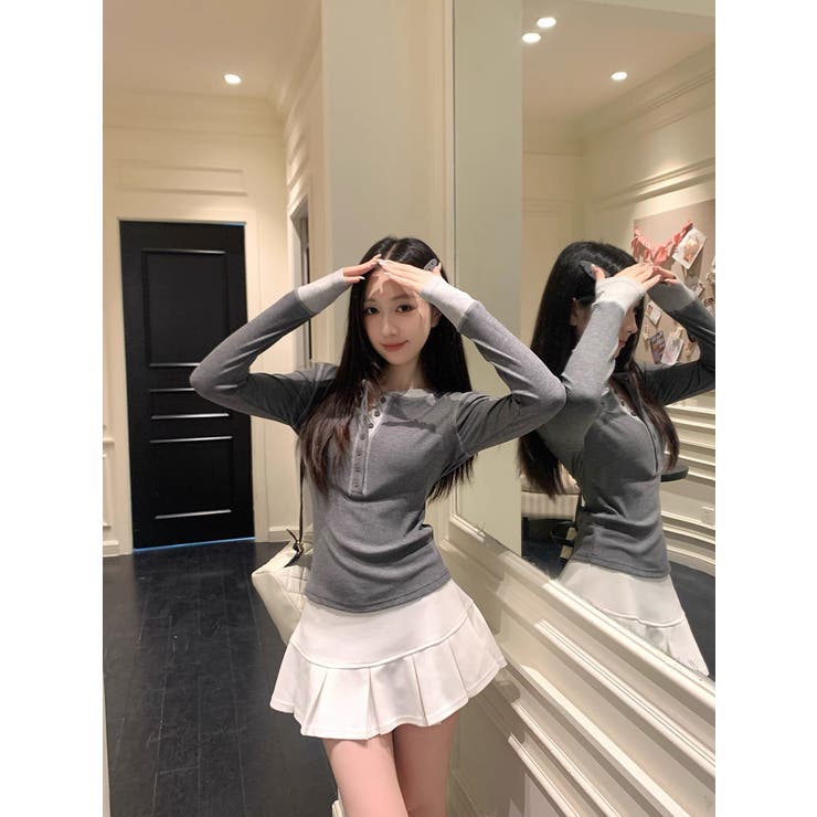 韓国風カジュアル配色ヘンリーネックTシャツトップス | Alvia | 詳細画像4 
