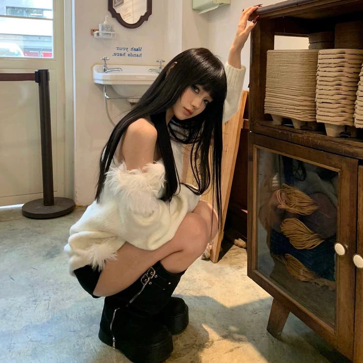 韓国風シャギーフェザー オフショル ニットトップス | Alvia | 詳細画像26 