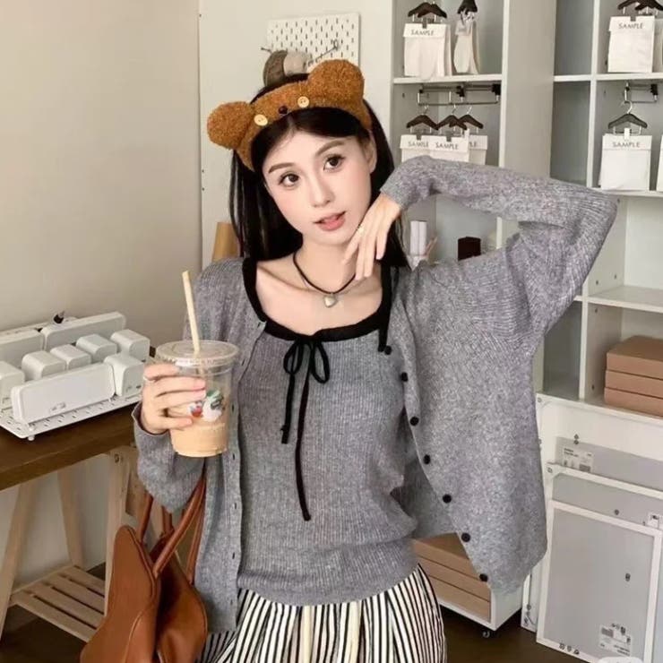 グレー | 配色リボンニットキャミ＋カーディガン2点セット | Alvia