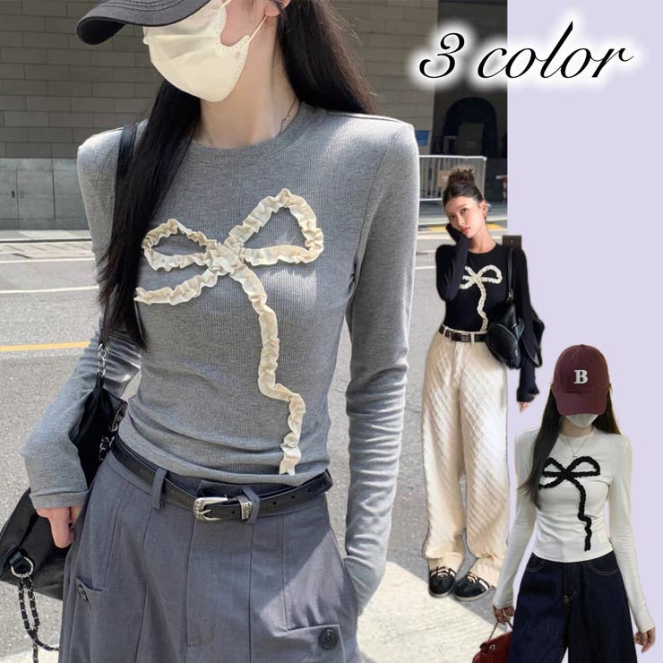 フリルリボンデザイン リブ長袖トップス | Alvia | 詳細画像1 