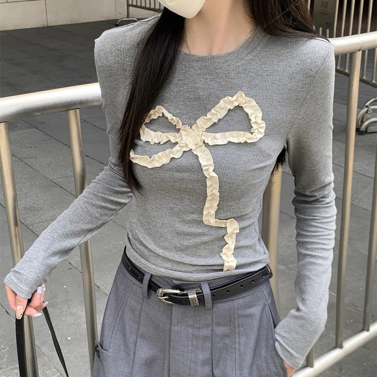 グレー | フリルリボンデザイン リブ長袖トップス | Alvia
