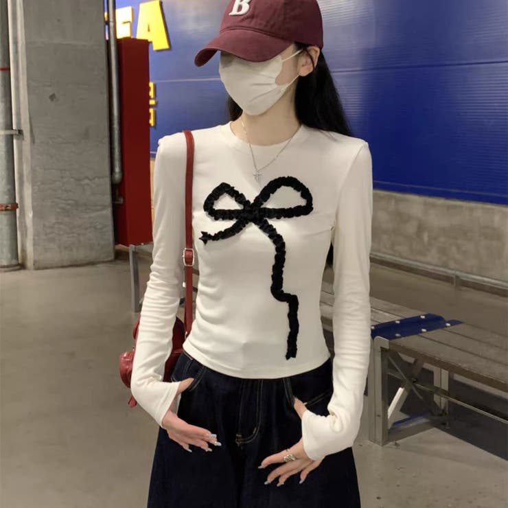 アイボリー | フリルリボンデザイン リブ長袖トップス | Alvia