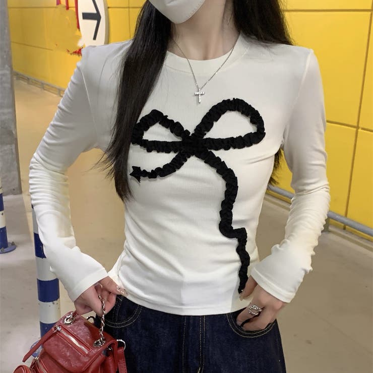 フリルリボンデザイン リブ長袖トップス | Alvia | 詳細画像5 