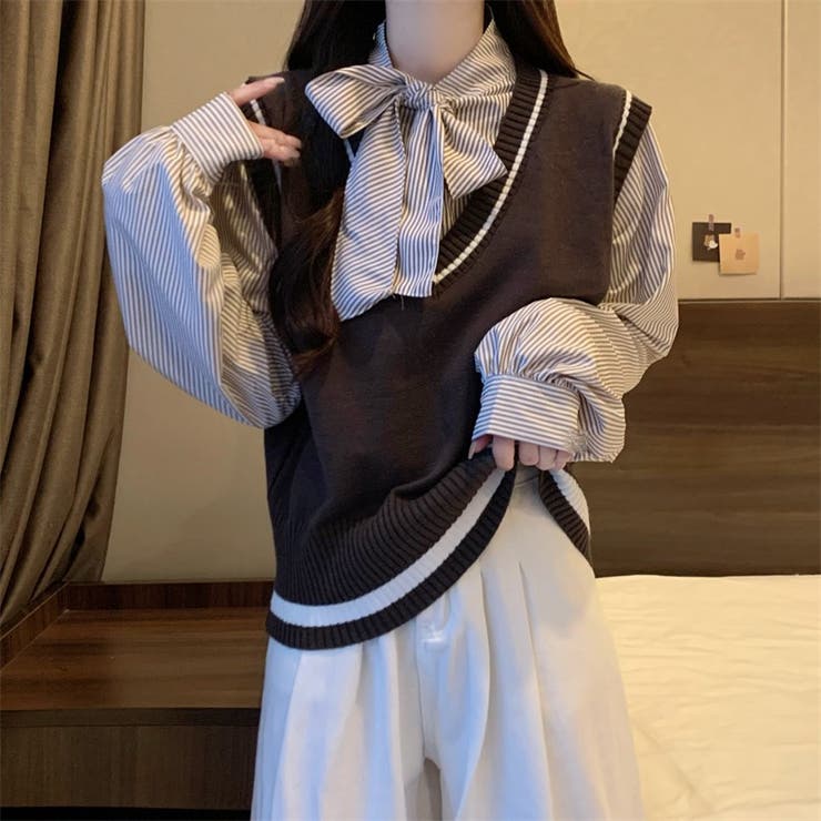 レイヤード風リボンタイストライプシャツ×ニットベスト トップス | Alvia | 詳細画像9 