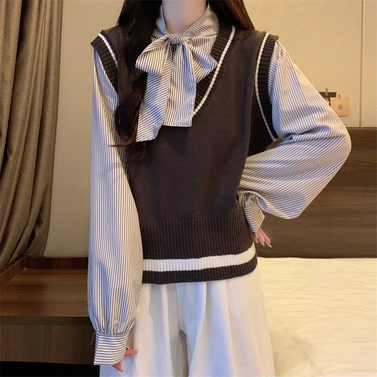 レイヤード風リボンタイストライプシャツ×ニットベスト トップス | Alvia | 詳細画像10 