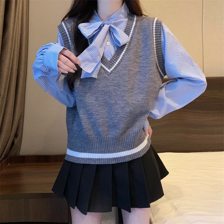 レイヤード風リボンタイストライプシャツ×ニットベスト トップス | Alvia | 詳細画像13 