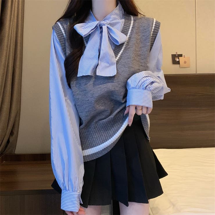 レイヤード風リボンタイストライプシャツ×ニットベスト トップス | Alvia | 詳細画像14 