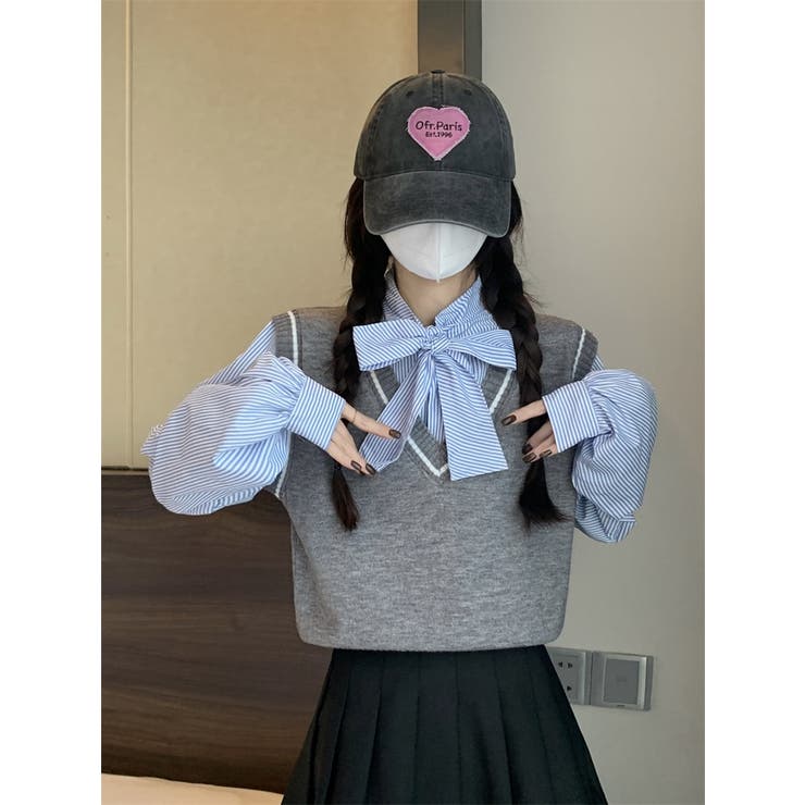 レイヤード風リボンタイストライプシャツ×ニットベスト トップス | Alvia | 詳細画像3 