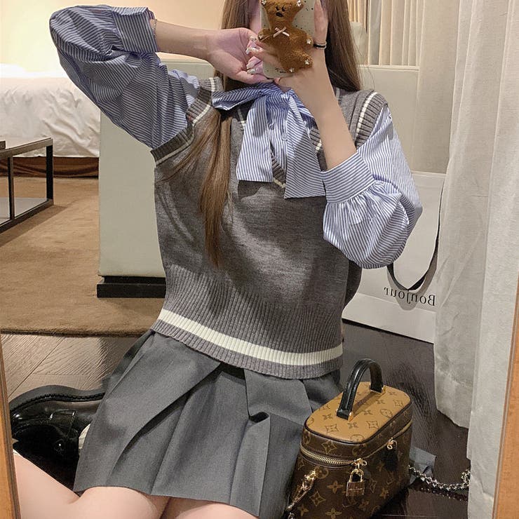 レイヤード風リボンタイストライプシャツ×ニットベスト トップス | Alvia | 詳細画像22 