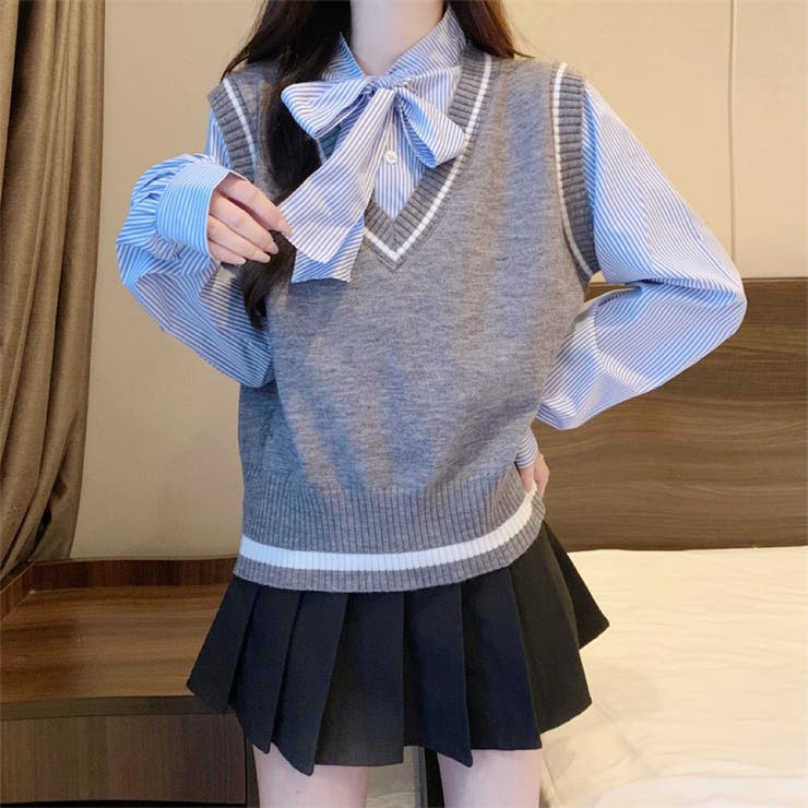 レイヤード風リボンタイストライプシャツ×ニットベスト トップス | Alvia | 詳細画像23 