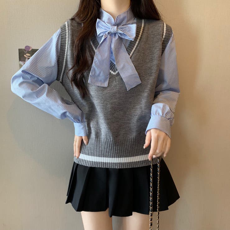 レイヤード風リボンタイストライプシャツ×ニットベスト トップス | Alvia | 詳細画像25 