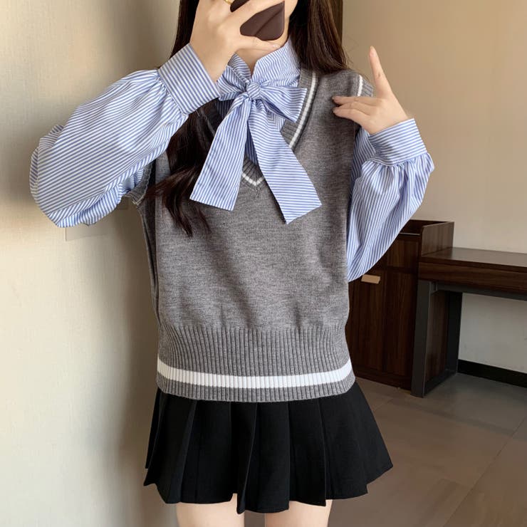 レイヤード風リボンタイストライプシャツ×ニットベスト トップス | Alvia | 詳細画像26 