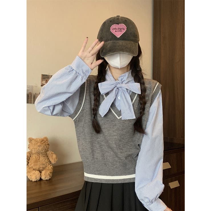 レイヤード風リボンタイストライプシャツ×ニットベスト トップス | Alvia | 詳細画像4 