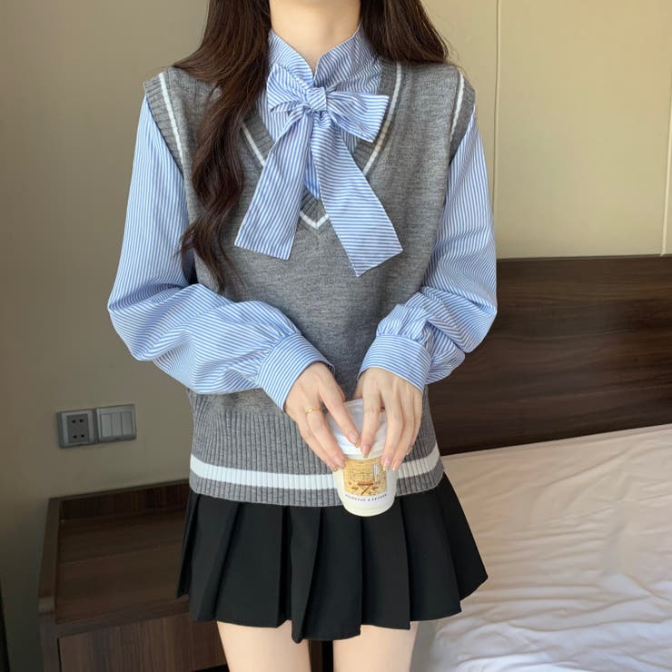 レイヤード風リボンタイストライプシャツ×ニットベスト トップス | Alvia | 詳細画像28 