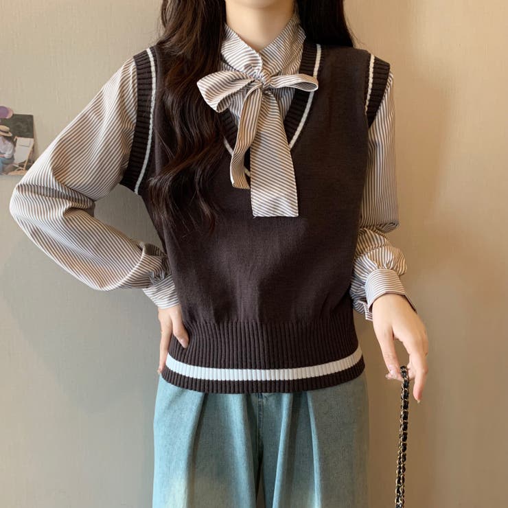 レイヤード風リボンタイストライプシャツ×ニットベスト トップス | Alvia | 詳細画像29 