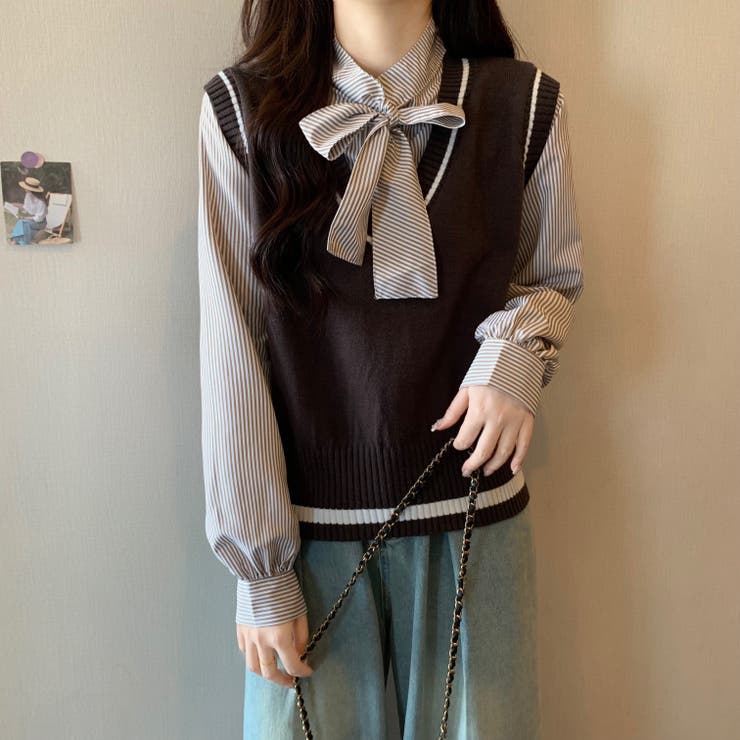 レイヤード風リボンタイストライプシャツ×ニットベスト トップス | Alvia | 詳細画像30 