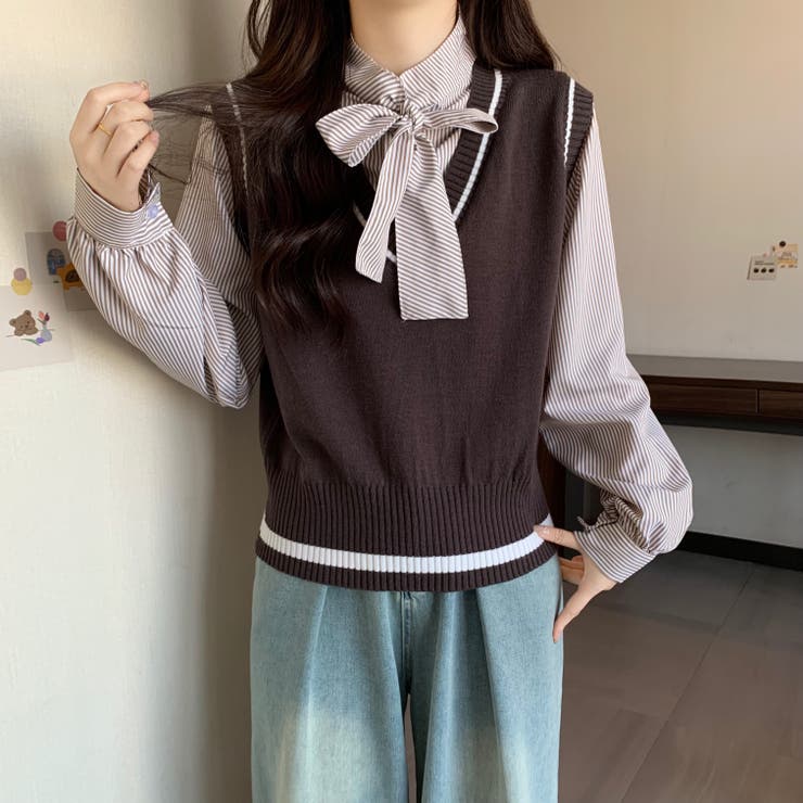レイヤード風リボンタイストライプシャツ×ニットベスト トップス | Alvia | 詳細画像31 