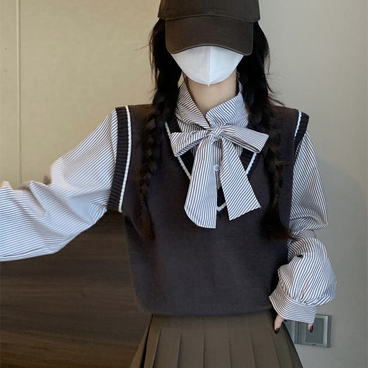 レイヤード風リボンタイストライプシャツ×ニットベスト トップス | Alvia | 詳細画像33 