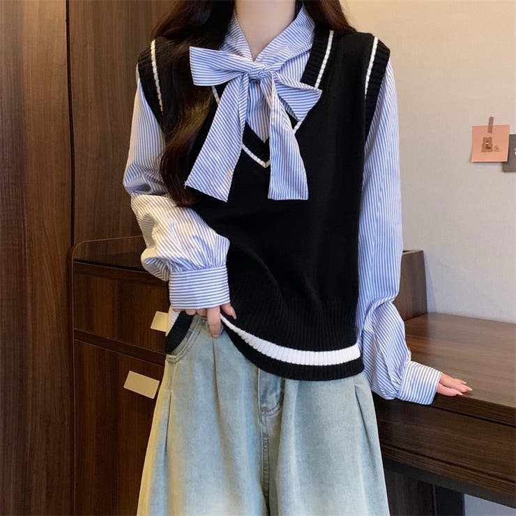 レイヤード風リボンタイストライプシャツ×ニットベスト トップス | Alvia | 詳細画像5 