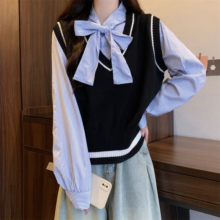 レイヤード風リボンタイストライプシャツ×ニットベスト トップス | Alvia | 詳細画像6 