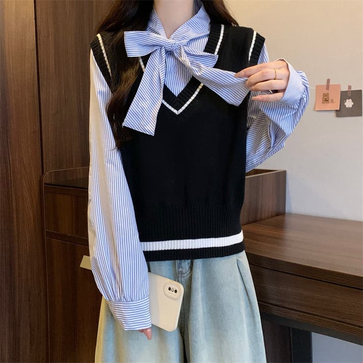 レイヤード風リボンタイストライプシャツ×ニットベスト トップス | Alvia | 詳細画像8 