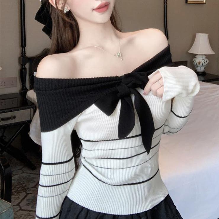 オフショルダー 配色リボンボーダーラインニットトップス | Alvia | 詳細画像11 