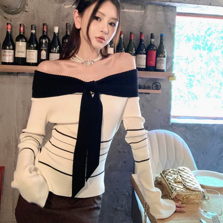 オフショルダー 配色リボンボーダーラインニットトップス | Alvia | 詳細画像14 