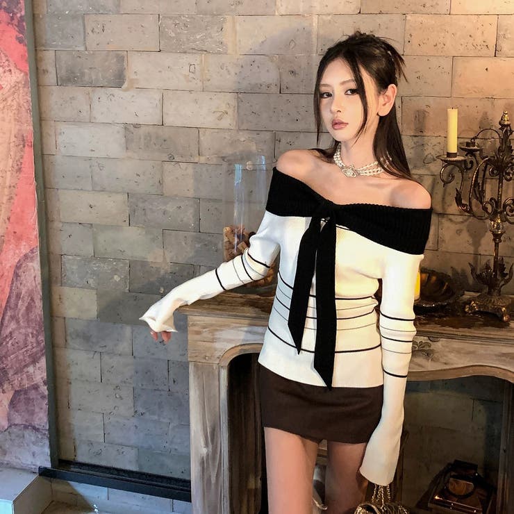 オフショルダー 配色リボンボーダーラインニットトップス | Alvia | 詳細画像17 