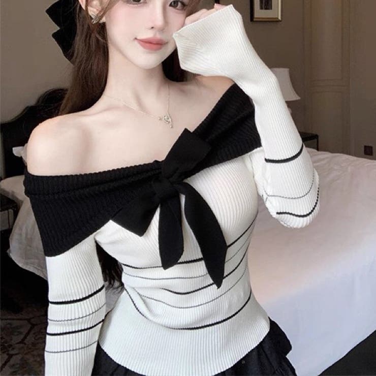 オフショルダー 配色リボンボーダーラインニットトップス | Alvia | 詳細画像19 