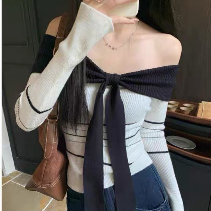 オフショルダー 配色リボンボーダーラインニットトップス | Alvia | 詳細画像21 