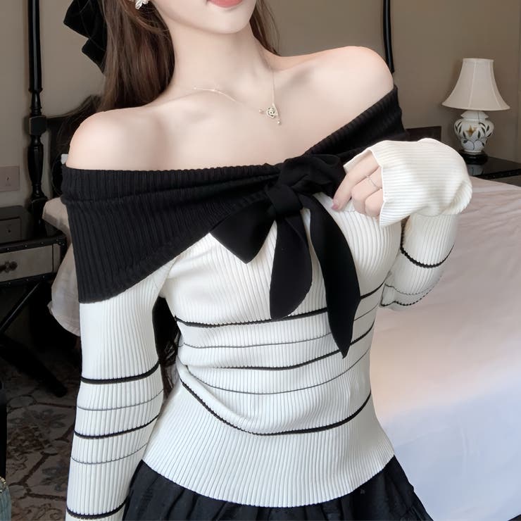 オフショルダー 配色リボンボーダーラインニットトップス | Alvia | 詳細画像1 