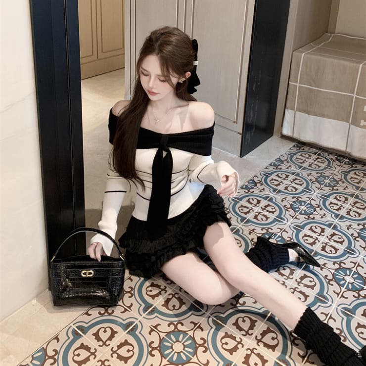 オフショルダー 配色リボンボーダーラインニットトップス | Alvia | 詳細画像23 