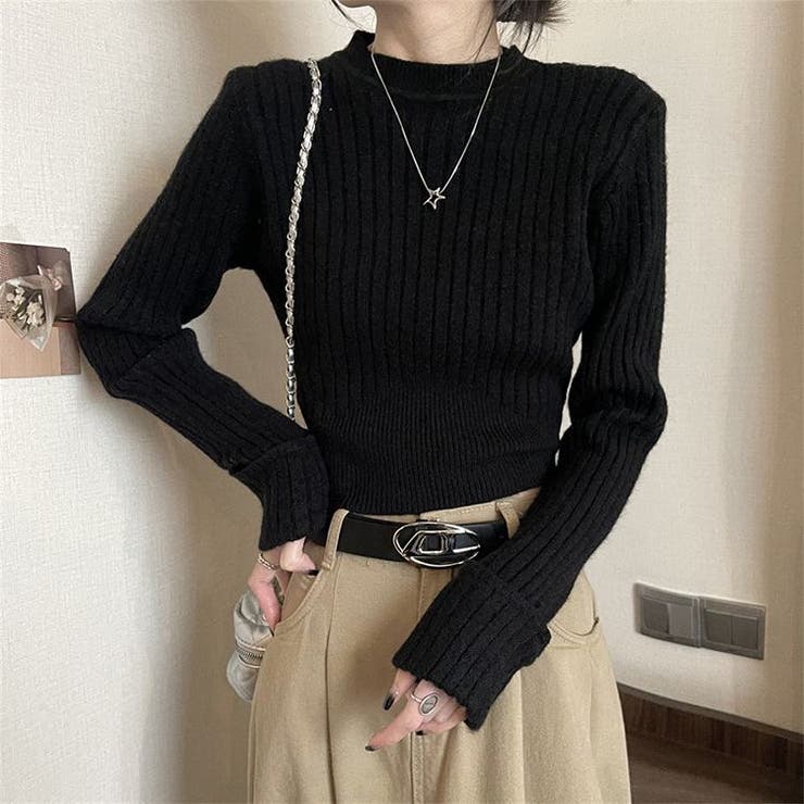 ブラック | 着回し力抜群 ショート丈ニットトップス | Alvia