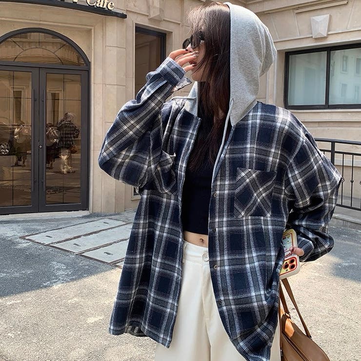 ネイビー | フード付きゆったりチェック柄シャツ | Alvia