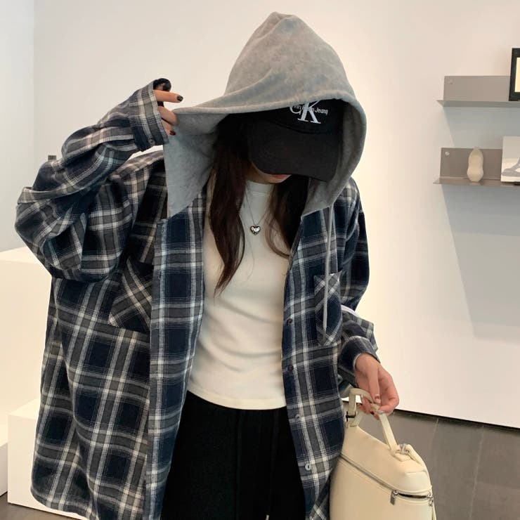 フード付きゆったりチェック柄シャツ | Alvia | 詳細画像18 