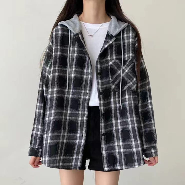 ブラック | フード付きゆったりチェック柄シャツ | Alvia