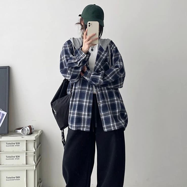 フード付きゆったりチェック柄シャツ | Alvia | 詳細画像8 